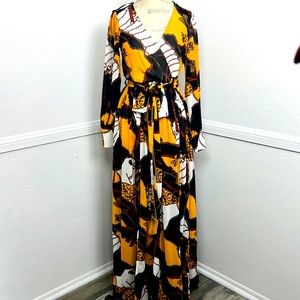 Love Culture Chain Print Tie Waist Slit Maxi Dress Long Sleeve Sz. S Light Belt